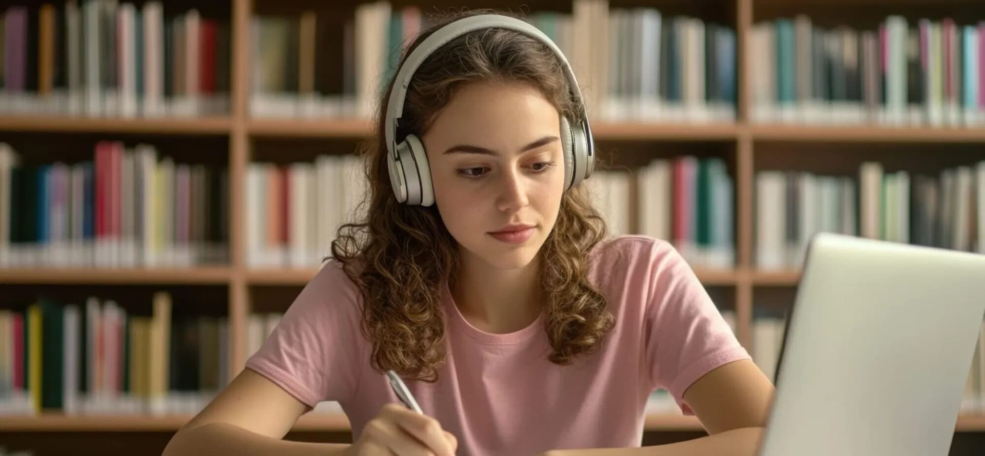 Student wearing headphones taking notes at a laptop in a library