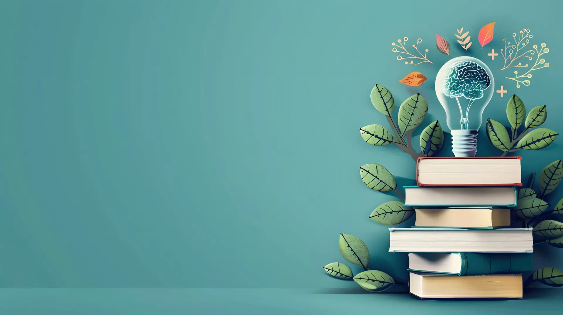 Illustrated light bulb with a brain on a stack of books, surrounded by leaves